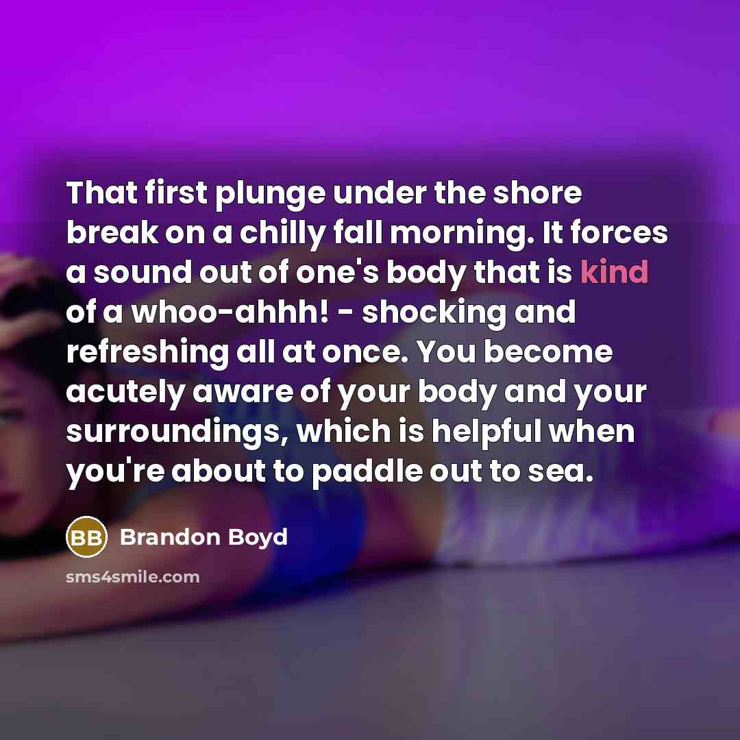 “That first plunge under the shore break on a chilly fall morning. It forces a sound out of one's body that is kind of a whoo-ahhh! - shocking and refreshing all at once. You become acutely aware of your body and your surroundings, which is helpful when you're about to paddle out to sea.” quote by Brandon Boyd