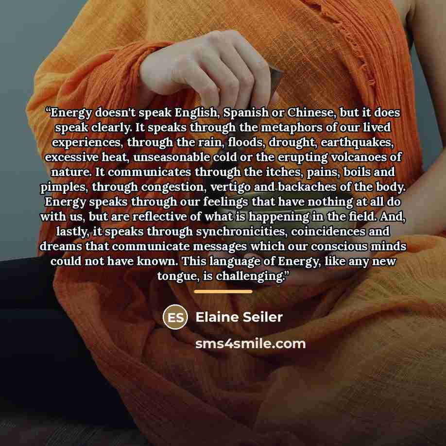 “Energy doesn't speak English, Spanish or Chinese, but it does speak clearly. It speaks through the metaphors of our lived experiences, through the rain, floods, drought, earthquakes, excessive heat, unseasonable cold or the erupting volcanoes of nature. It communicates through the itches, pains…” quote by Elaine Seiler