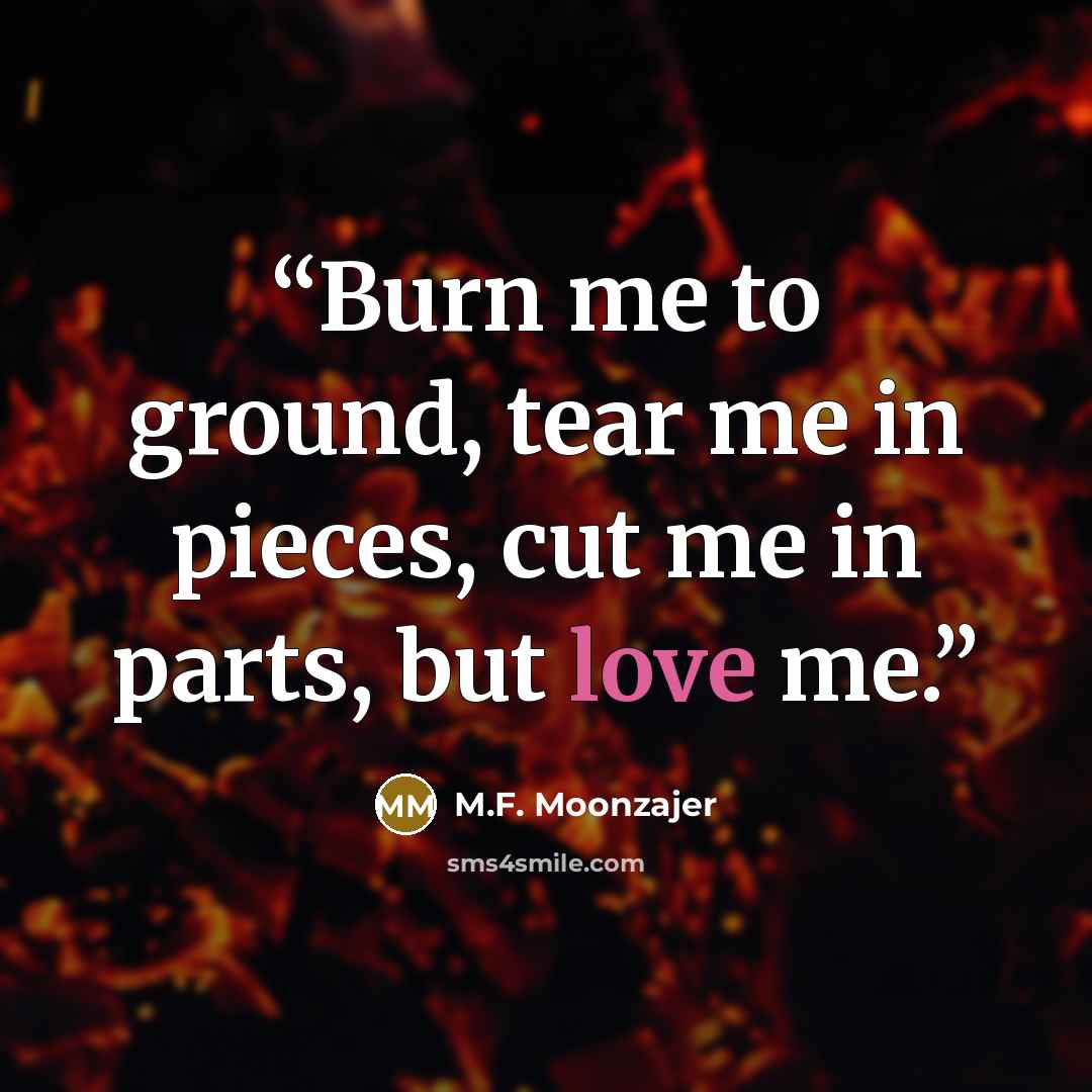 “Burn me to ground, tear me in pieces, cut me in parts, but love me.” quote by M.F. Moonzajer