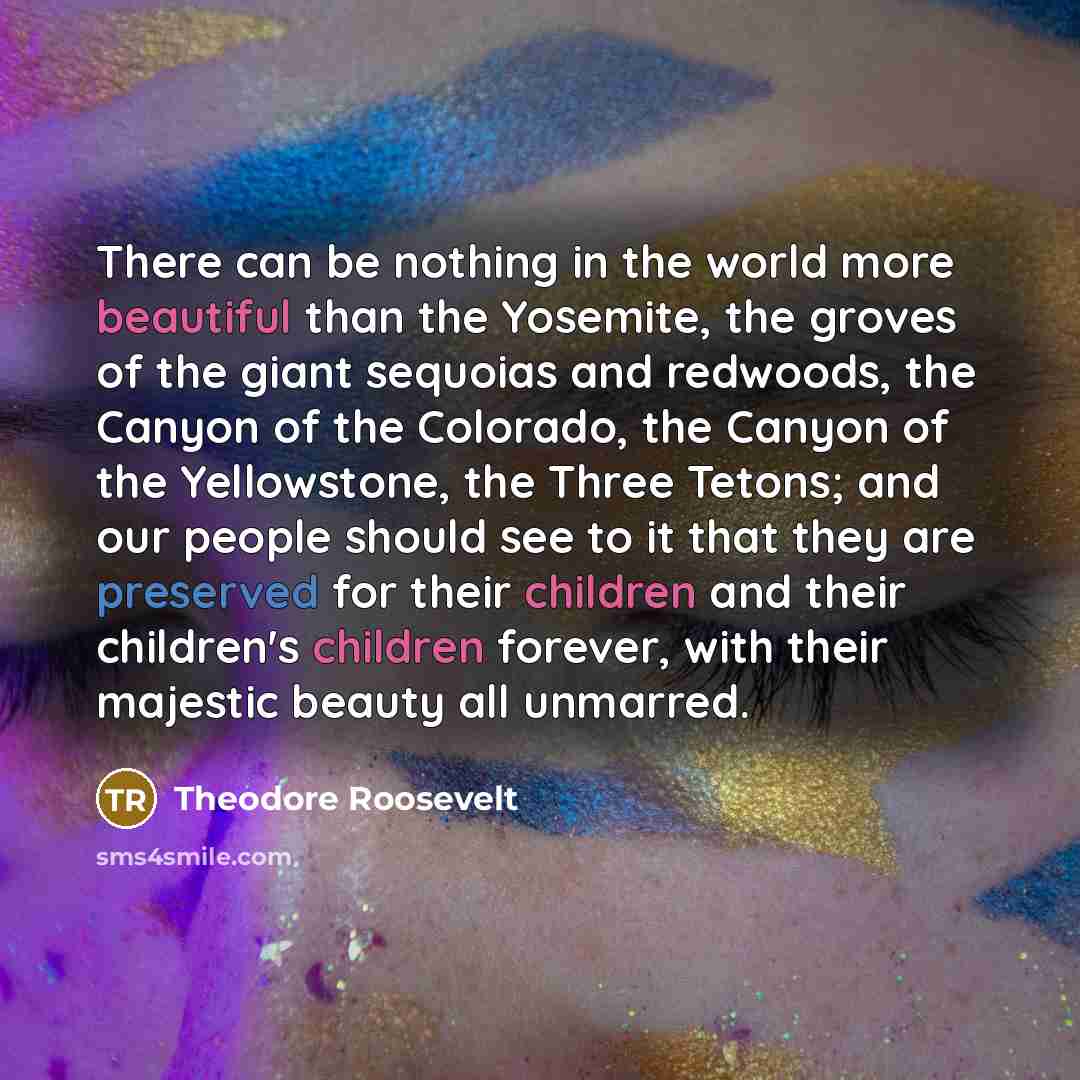 “There can be nothing in the world more beautiful than the Yosemite, the groves of the giant sequoias and redwoods, the Canyon of the Colorado, the Canyon of the Yellowstone, the Three Tetons; and our people should see to it that they are preserved for their children and their children's children…” quote by Theodore Roosevelt