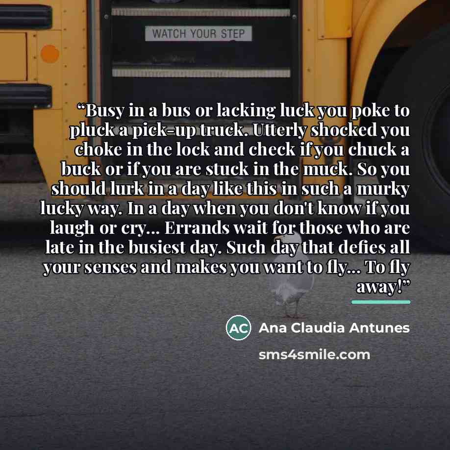 “Busy in a bus or lacking luck you poke to pluck a pick-up truck. Utterly shocked you choke in the lock and check if you chuck a buck or if you are stuck in the muck. So you should lurk in a day like this in such a murky lucky way. In a day when you don't know if you laugh or cry... Errands wait…” quote by Ana Claudia Antunes