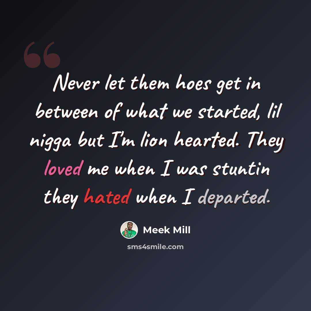 “Never let them hoes get in between of what we started, lil nigga but I'm lion hearted. They loved me when I was stuntin they hated when I departed.” quote by Meek Mill