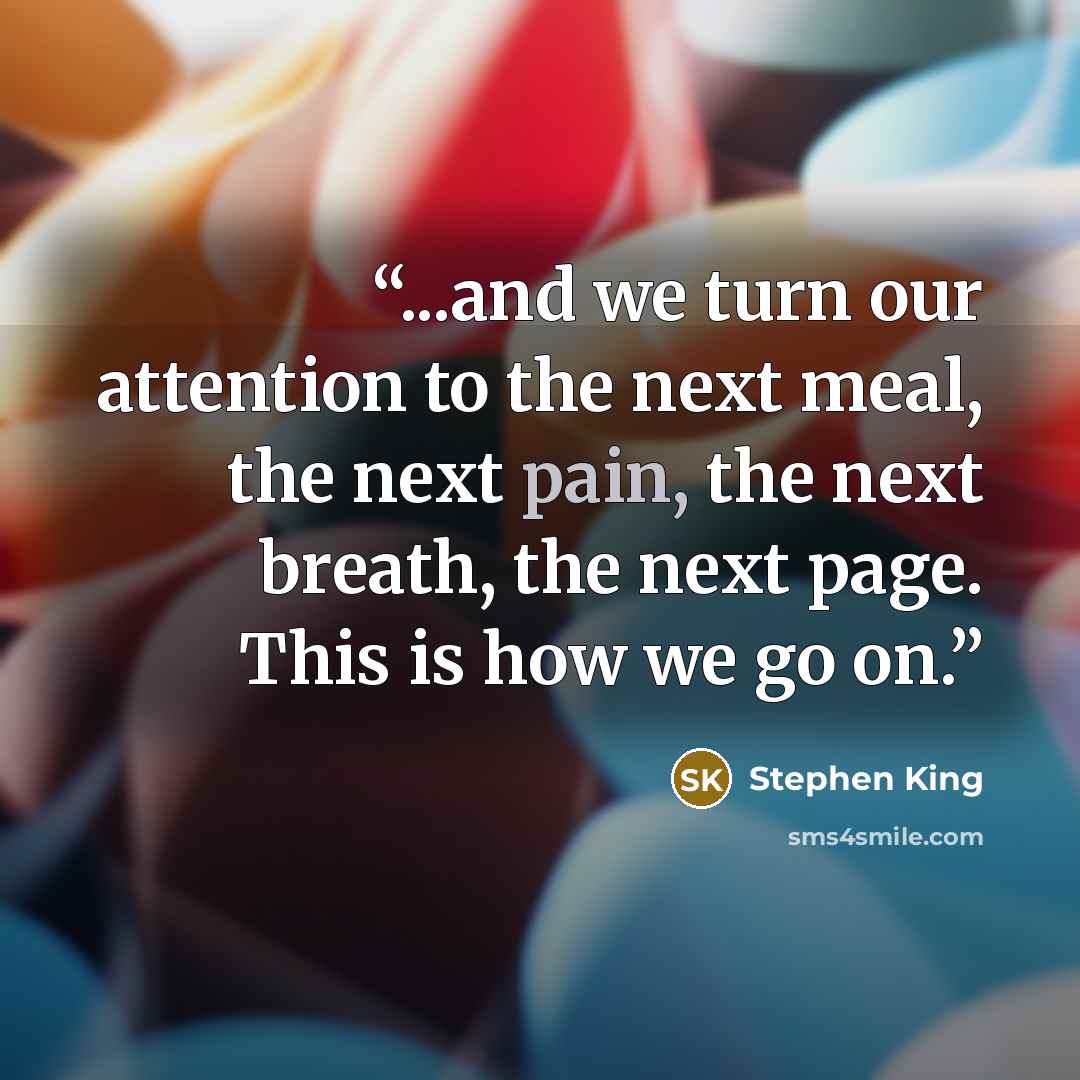 “...and we turn our attention to the next meal, the next pain, the next breath, the next page. This is how we go on.” quote by Stephen King