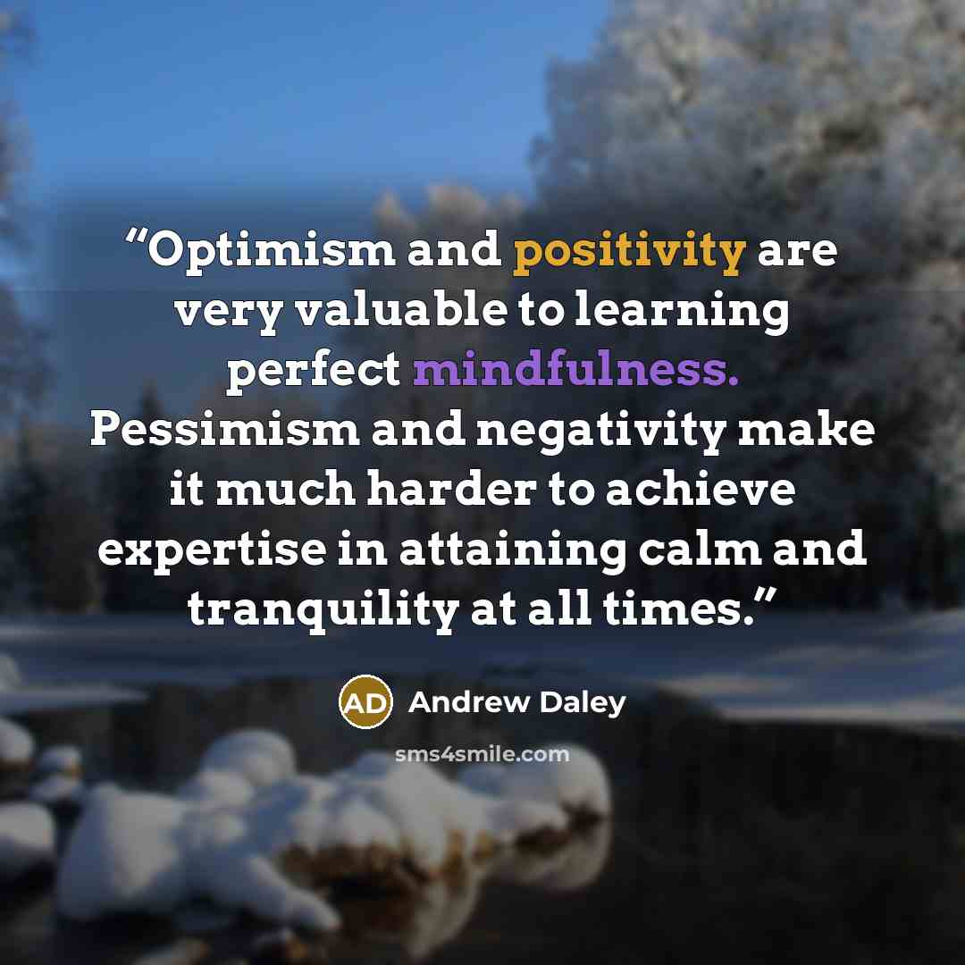 “Optimism and positivity are very valuable to learning perfect mindfulness. Pessimism and negativity make it much harder to achieve expertise in attaining calm and tranquility at all times.” quote by Andrew Daley