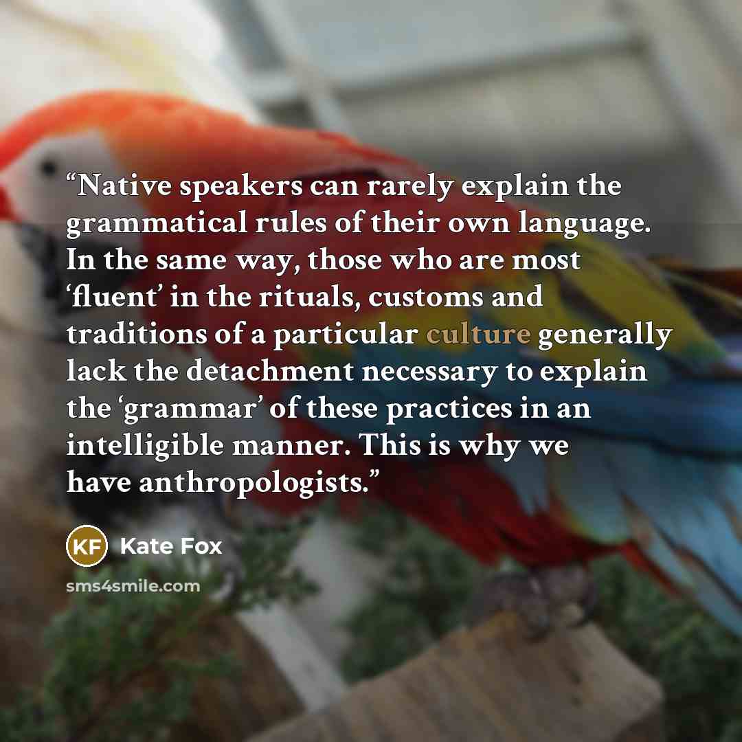 “Native speakers can rarely explain the grammatical rules of their own language. In the same way, those who are most ‘fluent’ in the rituals, customs and traditions of a particular culture generally lack the detachment necessary to explain the ‘grammar’ of these practices in an intelligible manner…” quote by Kate Fox