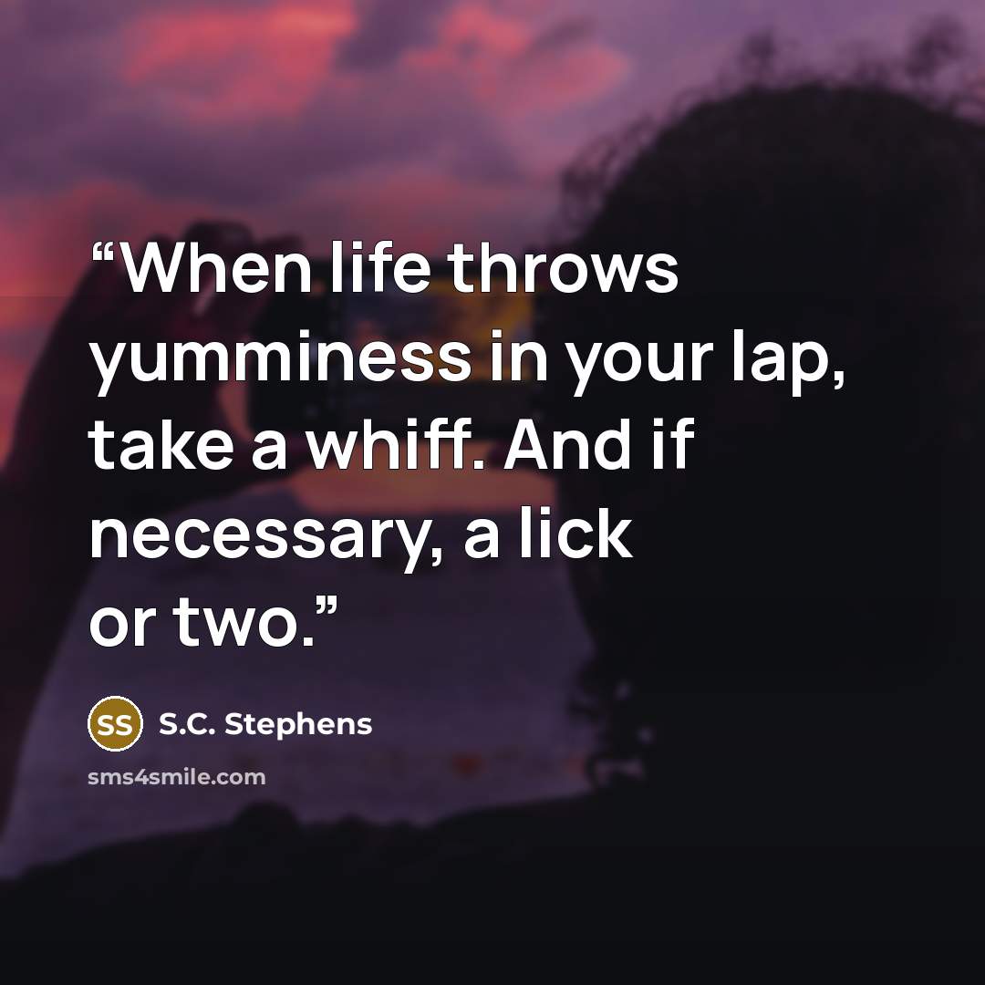 “When life throws yumminess in your lap, take a whiff. And if necessary, a lick or two.” quote by S.C. Stephens