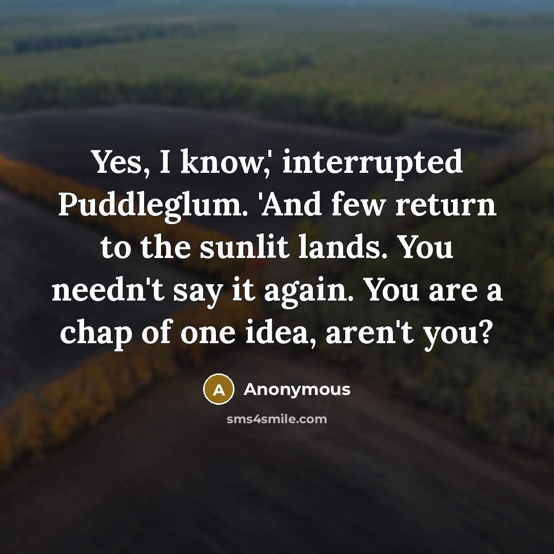 “Yes, I know,' interrupted Puddleglum. 'And few return to the sunlit lands. You needn't say it again. You are a chap of one idea, aren't you?” quote by Anonymous