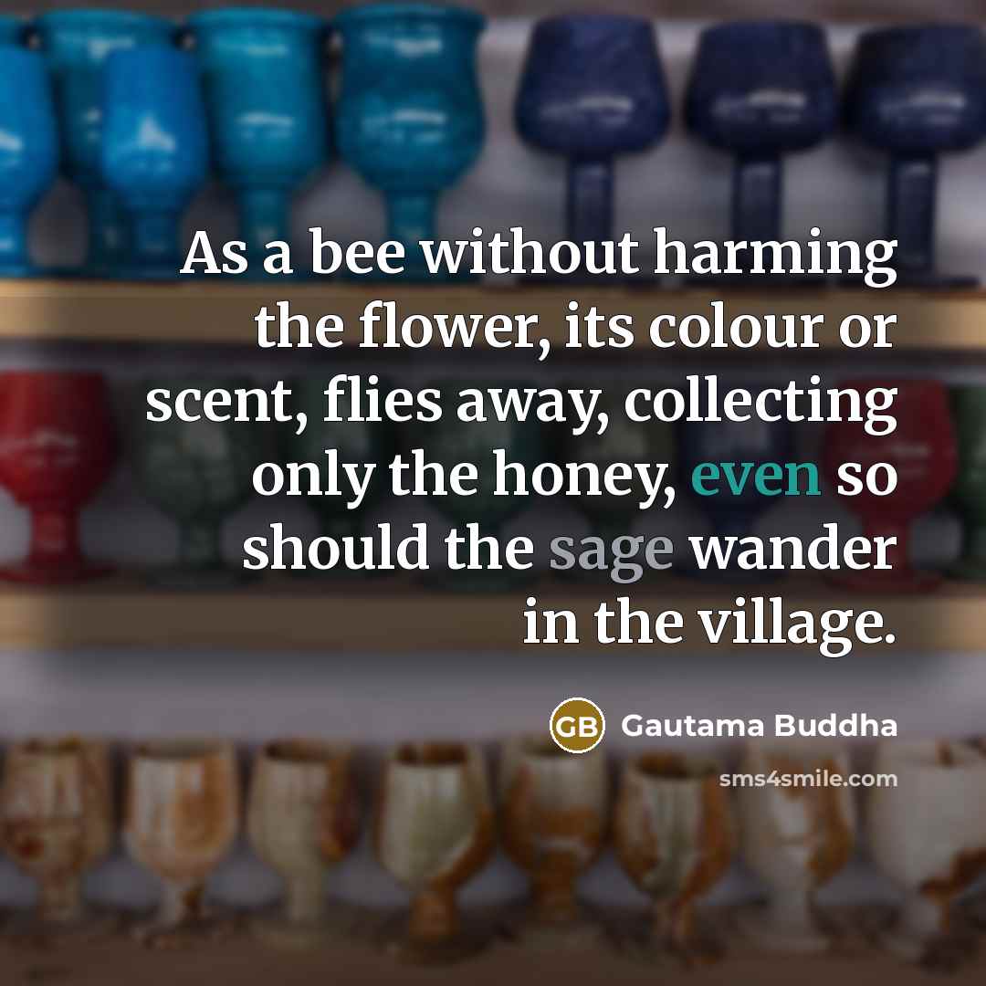 “As a bee without harming the flower, its colour or scent, flies away, collecting only the honey, even so should the sage wander in the village.” quote by Gautama Buddha