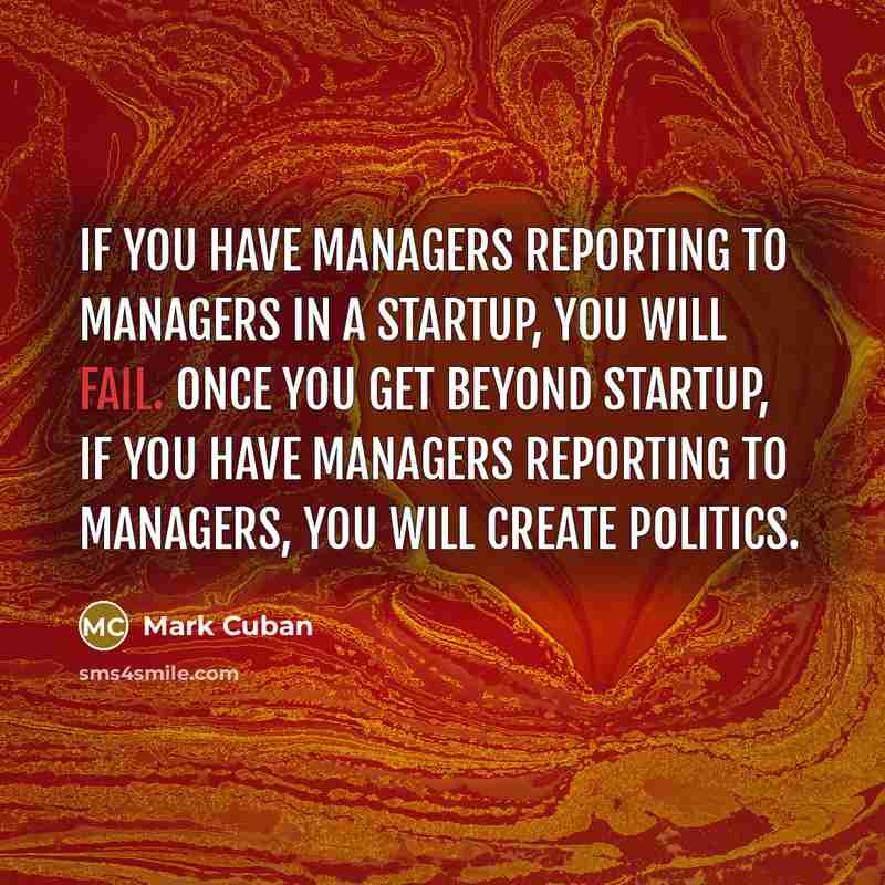 “If you have managers reporting to managers in a startup, you will fail. Once you get beyond startup, if you have managers reporting to managers, you will create politics.” quote by Mark Cuban