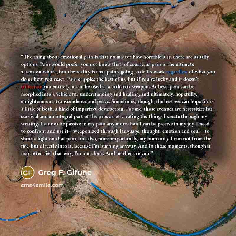 “The thing about emotional pain is that no matter how horrible it is, there are usually options. Pain would prefer you not know that, of course, as pain is the ultimate attention whore, but the reality is that pain’s going to do its work regardless of what you do or how you react. Pain cripples the…” quote by Greg F. Gifune