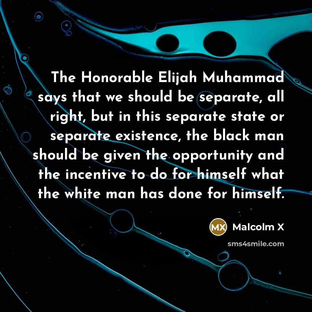 “The Honorable Elijah Muhammad says that we should be separate, all right, but in this separate state or separate existence, the black man should be given the opportunity and the incentive to do for himself what the white man has done for himself.” quote by Malcolm X