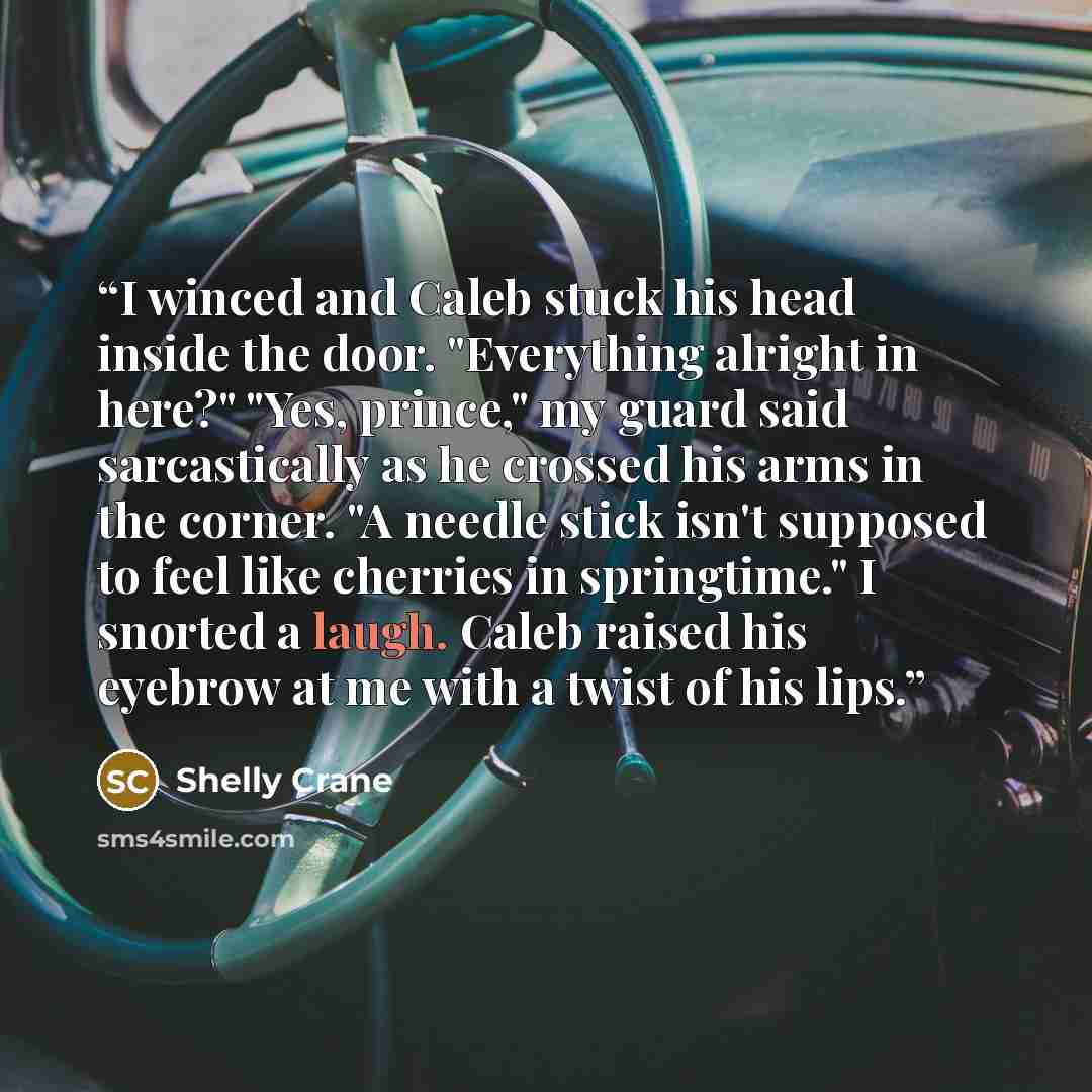 “I winced and Caleb stuck his head inside the door. "Everything alright in here?" "Yes, prince," my guard said sarcastically as he crossed his arms in the corner. "A needle stick isn't supposed to feel like cherries in springtime." I snorted a laugh. Caleb raised his eyebrow at me with a twist of…” quote by Shelly Crane