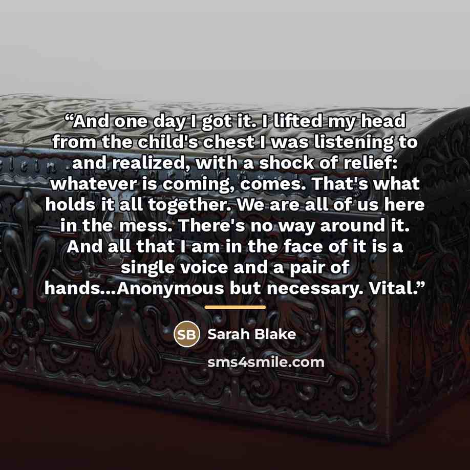 “And one day I got it. I lifted my head from the child's chest I was listening to and realized, with a shock of relief: whatever is coming, comes. That's what holds it all together. We are all of us here in the mess. There's no way around it. And all that I am in the face of it is a single voice…” quote by Sarah Blake