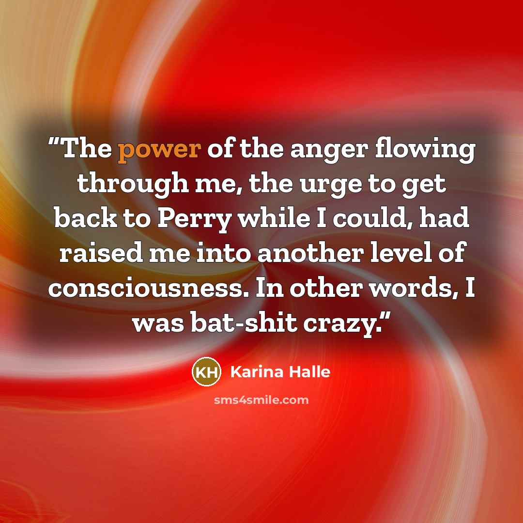 “The power of the anger flowing through me, the urge to get back to Perry while I could, had raised me into another level of consciousness. In other words, I was bat-shit crazy.” quote by Karina Halle