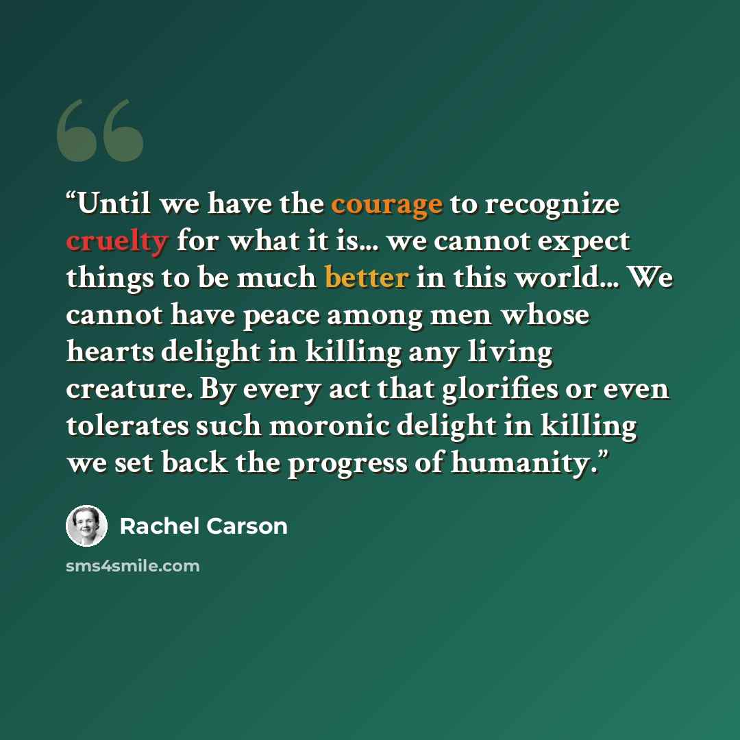 “Until we have the courage to recognize cruelty for what it is... we cannot expect things to be much better in this world... We cannot have peace among men whose hearts delight in killing any living creature. By every act that glorifies or even tolerates such moronic delight in killing we set back…” quote by Rachel Carson