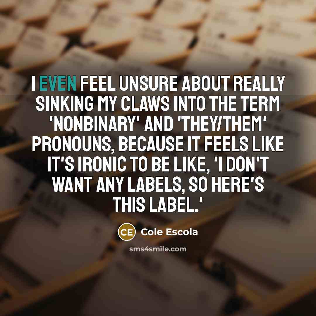 “I even feel unsure about really sinking my claws into the term 'nonbinary' and 'they/them' pronouns, because it feels like it's ironic to be like, 'I don't want any labels, so here's this label.'” quote by Cole Escola