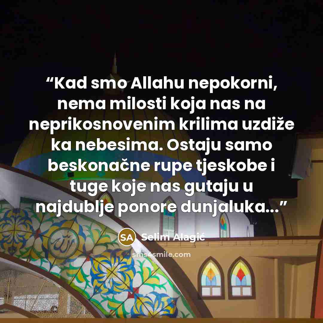 “Kad smo Allahu nepokorni, nema milosti koja nas na neprikosnovenim krilima uzdiže ka nebesima. Ostaju samo beskonačne rupe tjeskobe i tuge koje nas gutaju u najdublje ponore dunjaluka...” quote by Selim Alagić