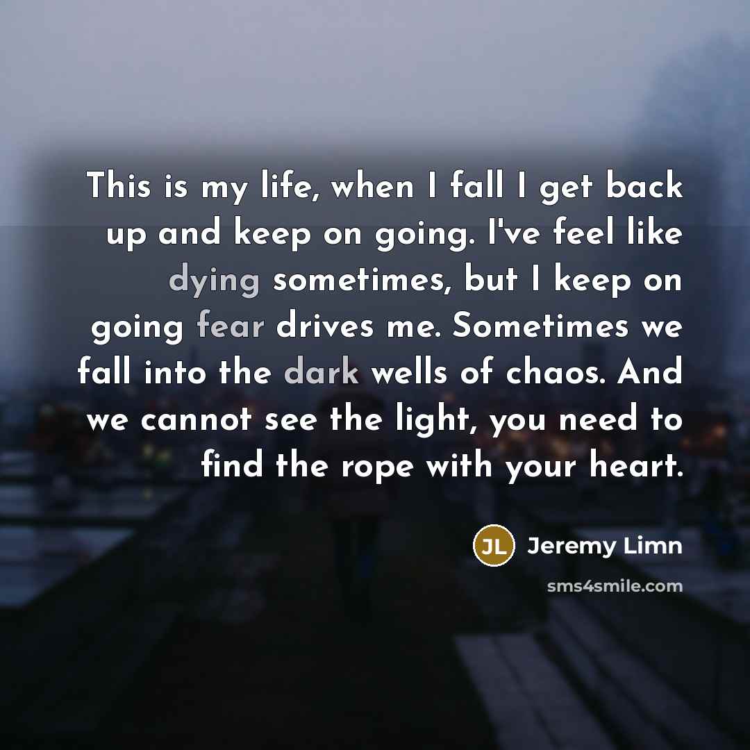 “This is my life, when I fall I get back up and keep on going. I've feel like dying sometimes, but I keep on going fear drives me. Sometimes we fall into the dark wells of chaos. And we cannot see the light, you need to find the rope with your heart.” quote by Jeremy Limn