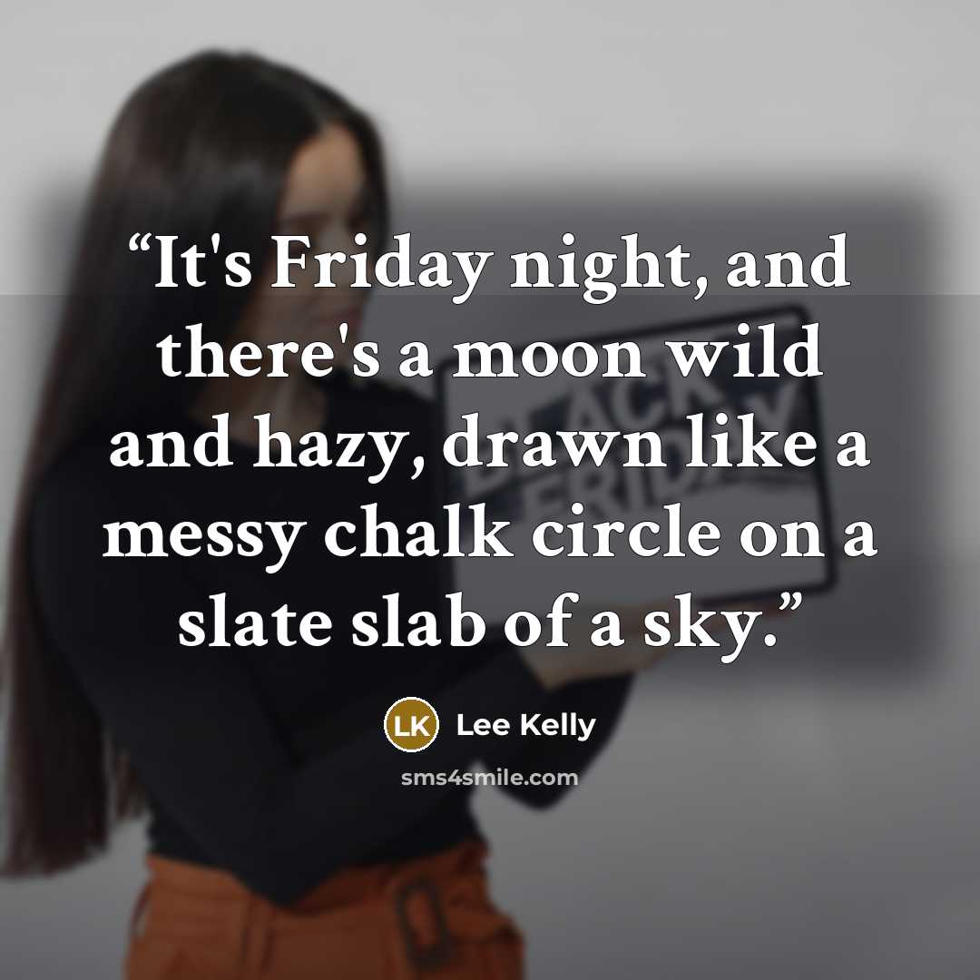 “It's Friday night, and there's a moon wild and hazy, drawn like a messy chalk circle on a slate slab of a sky.” quote by Lee Kelly