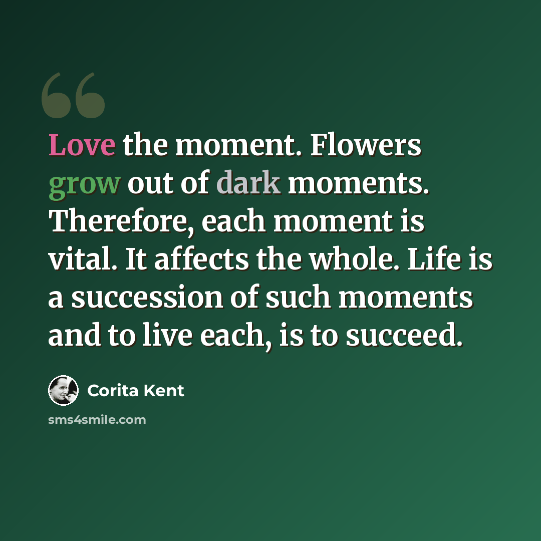 “Love the moment. Flowers grow out of dark moments. Therefore, each moment is vital. It affects the whole. Life is a succession of such moments and to live each, is to succeed.” quote by Corita Kent