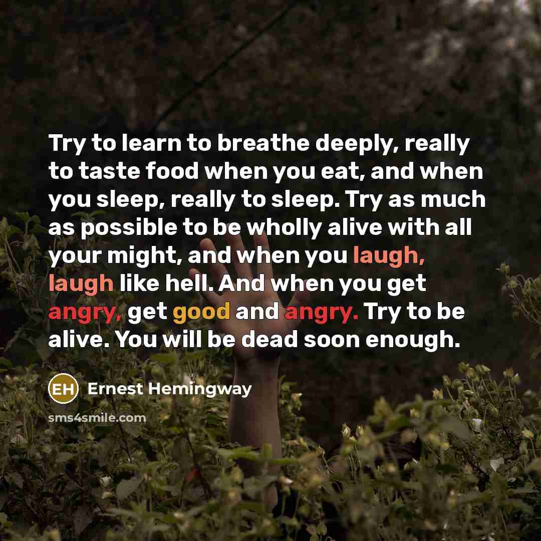 “Try to learn to breathe deeply, really to taste food when you eat, and when you sleep, really to sleep. Try as much as possible to be wholly alive with all your might, and when you laugh, laugh like hell. And when you get angry, get good and angry. Try to be alive. You will be dead soon enough.” quote by Ernest Hemingway