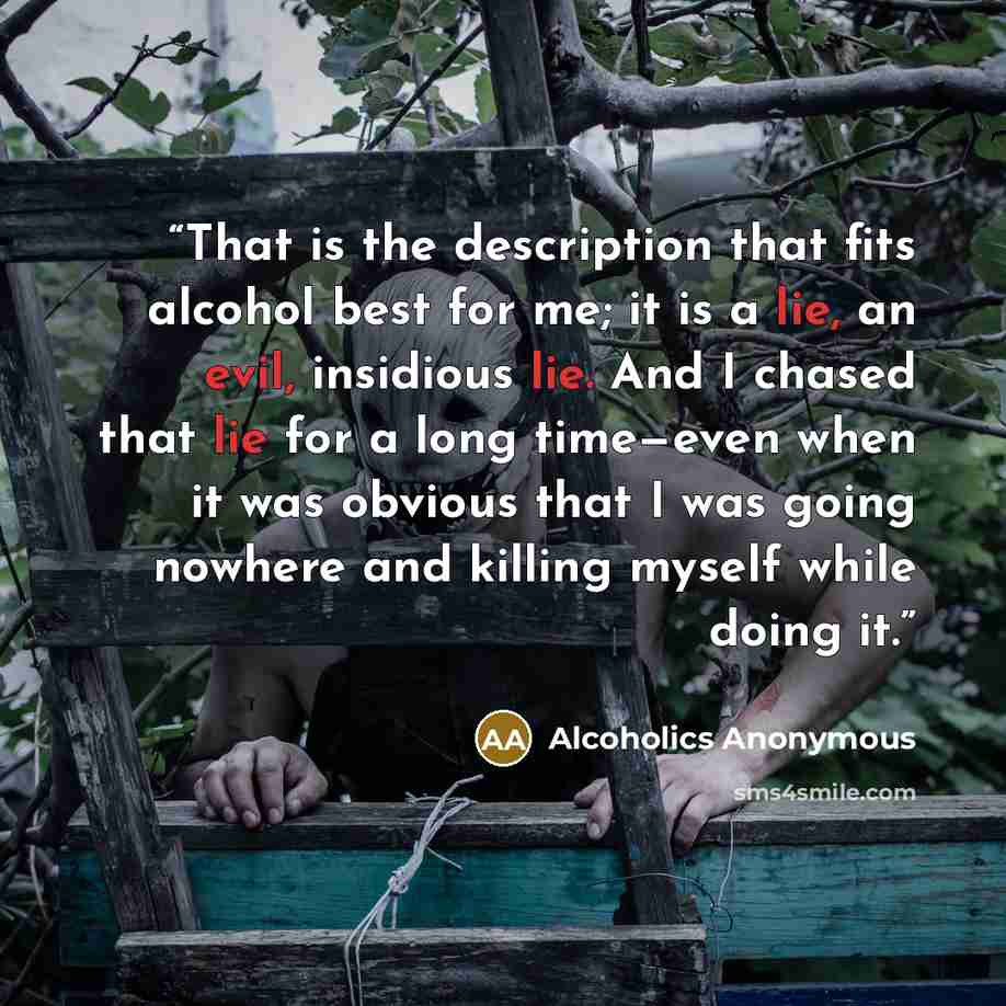 “That is the description that fits alcohol best for me; it is a lie, an evil, insidious lie. And I chased that lie for a long time—even when it was obvious that I was going nowhere and killing myself while doing it.” quote by Alcoholics Anonymous