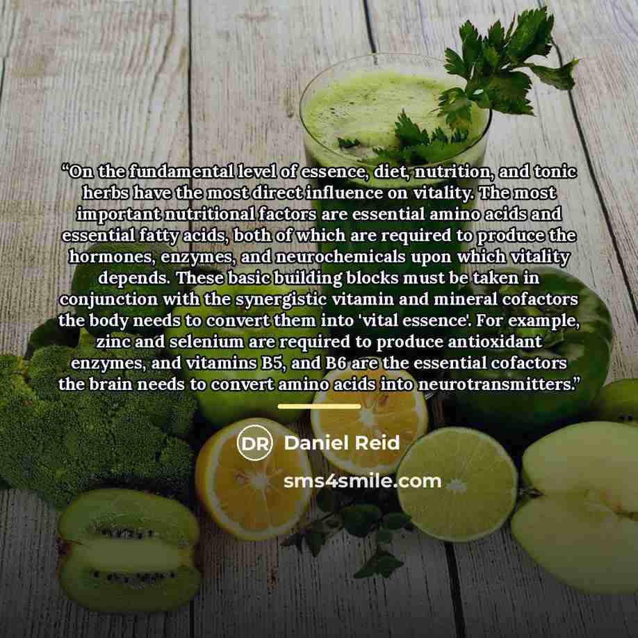 “On the fundamental level of essence, diet, nutrition, and tonic herbs have the most direct influence on vitality. The most important nutritional factors are essential amino acids and essential fatty acids, both of which are required to produce the hormones, enzymes, and neurochemicals upon which…” quote by Daniel Reid