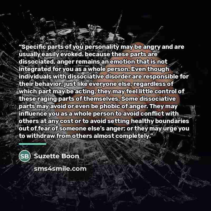 “Specific parts of you personality may be angry and are usually easily evoked. because these parts are dissociated, anger remains an emotion that is not integrated for you as a whole person. Even though individuals with dissociative disorder are responsible for their behavior, just like everyone…” quote by Suzette Boon