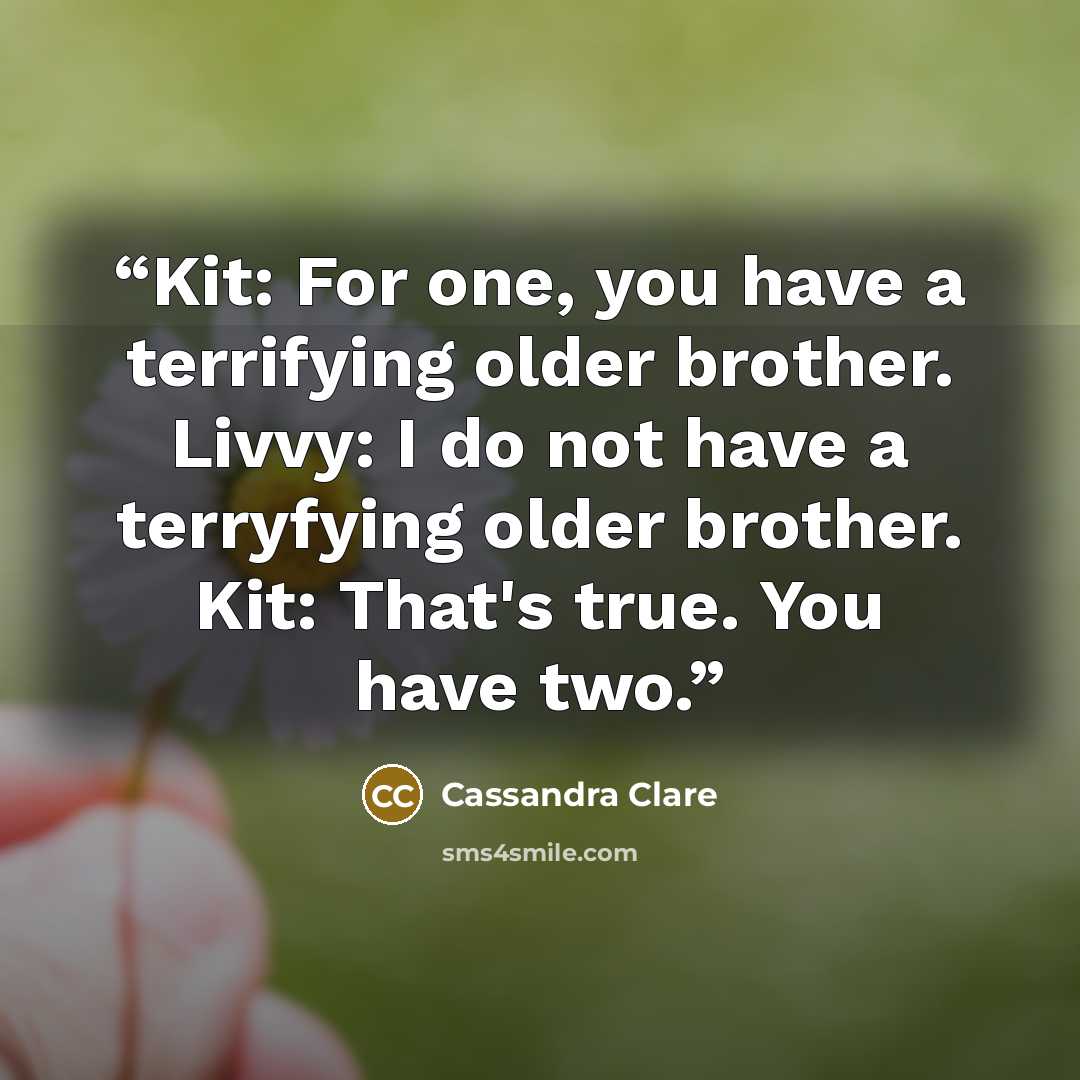 “Kit: For one, you have a terrifying older brother. Livvy: I do not have a terryfying older brother. Kit: That's true. You have two.” quote by Cassandra Clare