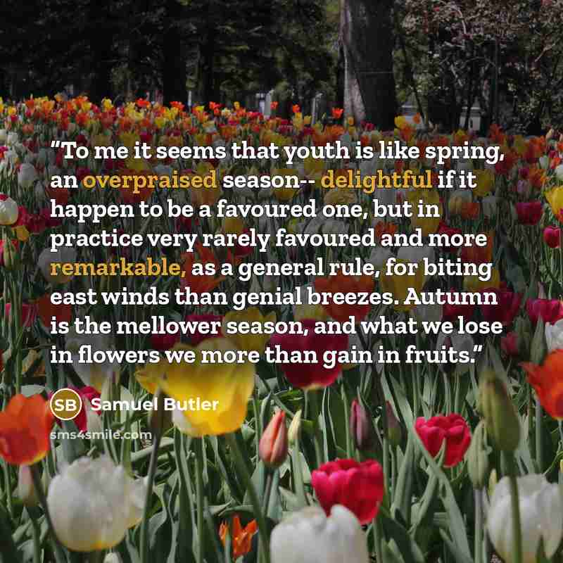 “To me it seems that youth is like spring, an overpraised season-- delightful if it happen to be a favoured one, but in practice very rarely favoured and more remarkable, as a general rule, for biting east winds than genial breezes. Autumn is the mellower season, and what we lose in flowers we more…” quote by Samuel Butler