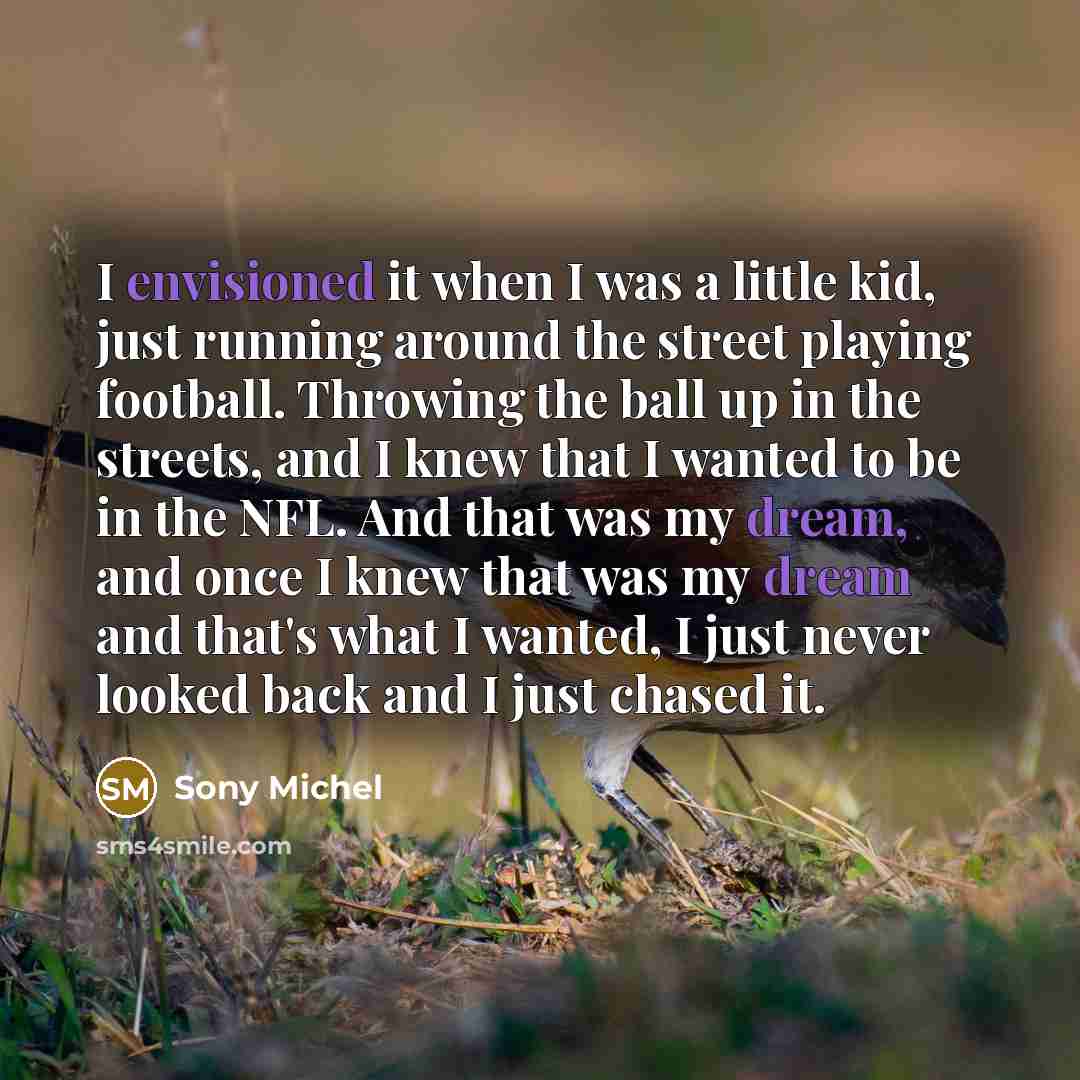 “I envisioned it when I was a little kid, just running around the street playing football. Throwing the ball up in the streets, and I knew that I wanted to be in the NFL. And that was my dream, and once I knew that was my dream and that's what I wanted, I just never looked back and I just chased it.” quote by Sony Michel