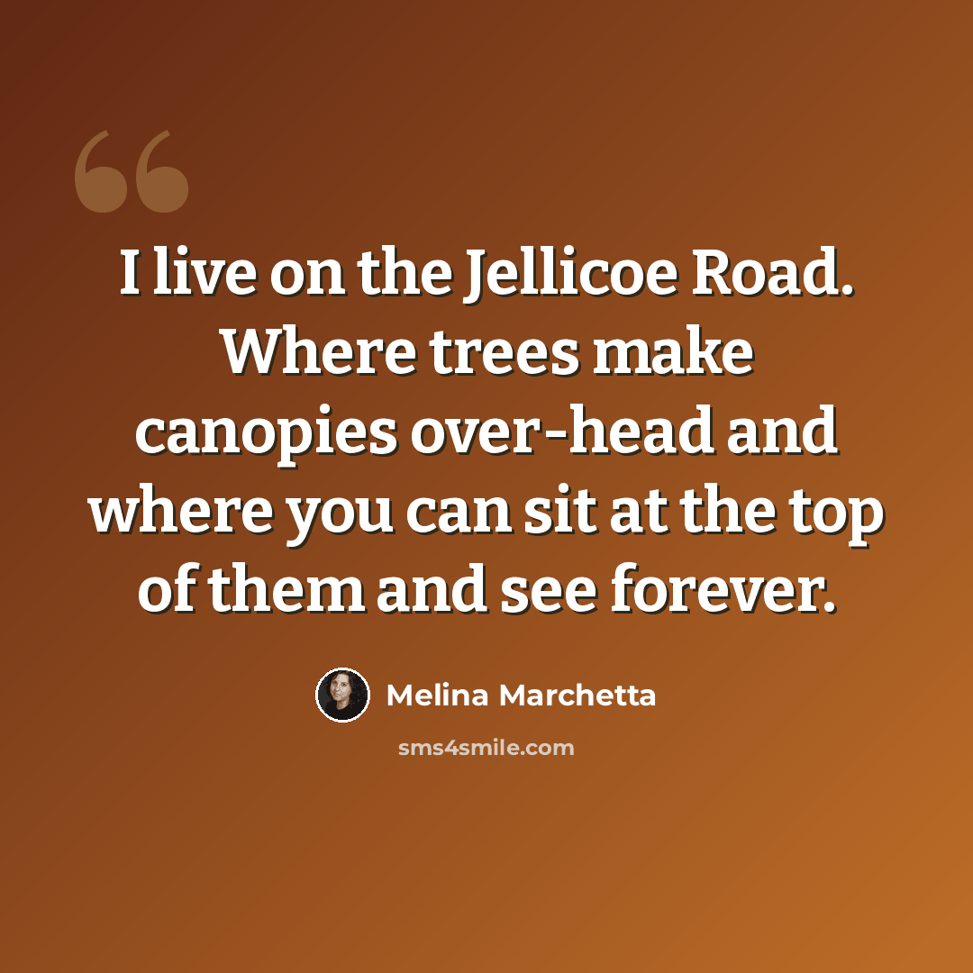 “I live on the Jellicoe Road. Where trees make canopies over-head and where you can sit at the top of them and see forever.” quote by Melina Marchetta