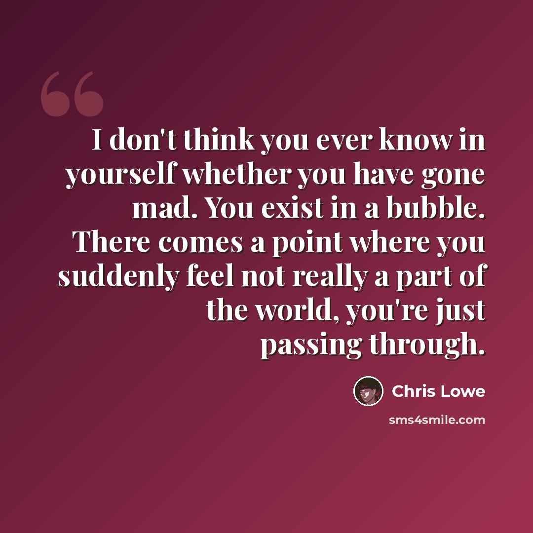 “I don't think you ever know in yourself whether you have gone mad. You exist in a bubble. There comes a point where you suddenly feel not really a part of the world, you're just passing through.” quote by Chris Lowe