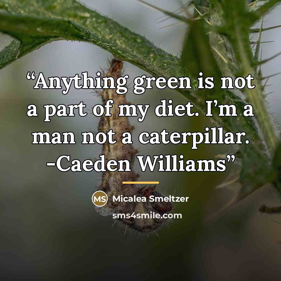 “Anything green is not a part of my diet. I’m a man not a caterpillar. -Caeden Williams” quote by Micalea Smeltzer