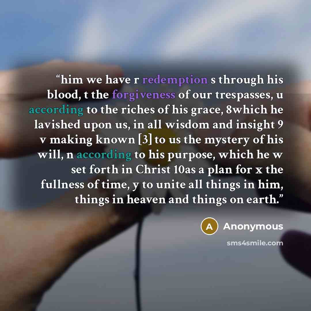 “him we have r redemption s through his blood, t the forgiveness of our trespasses, u according to the riches of his grace, 8which he lavished upon us, in all wisdom and insight 9 v making known [3] to us the mystery of his will, n according to his purpose, which he w set forth in Christ 10as a…” quote by Anonymous