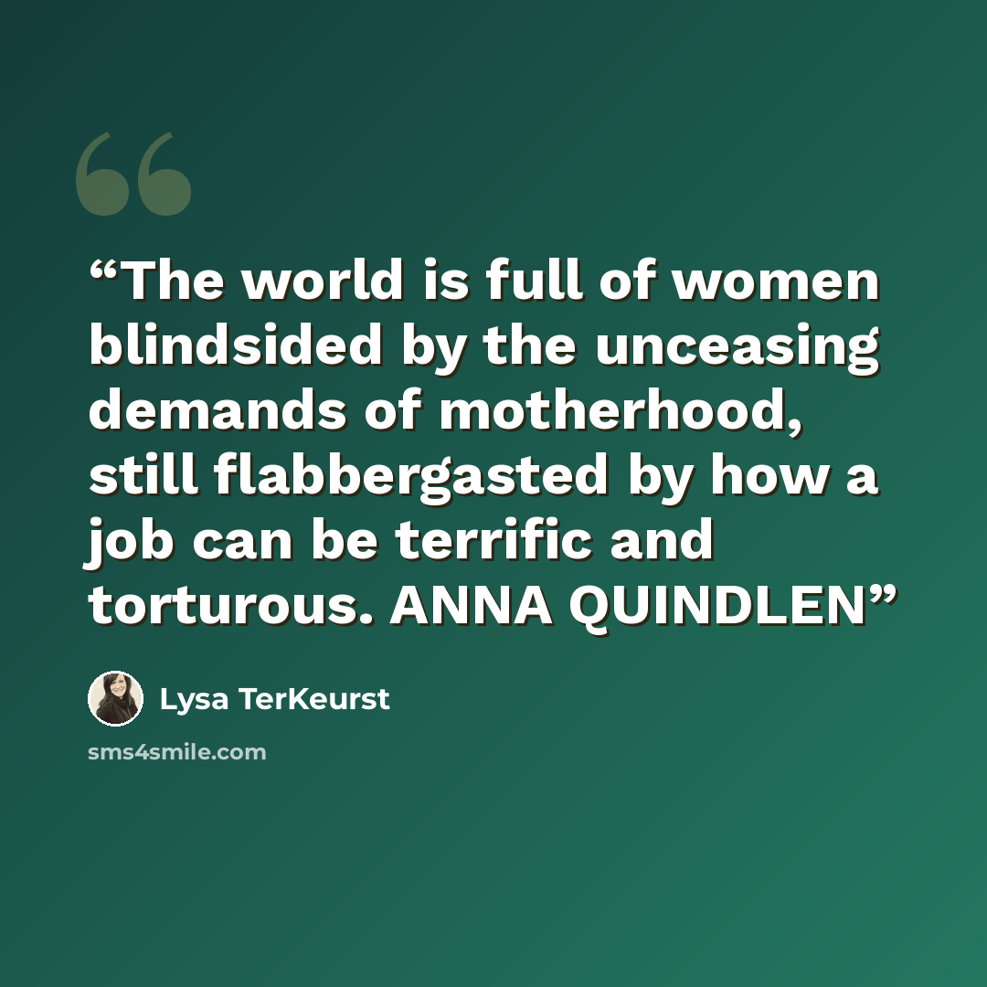 “The world is full of women blindsided by the unceasing demands of motherhood, still flabbergasted by how a job can be terrific and torturous. ANNA QUINDLEN” quote by Lysa TerKeurst