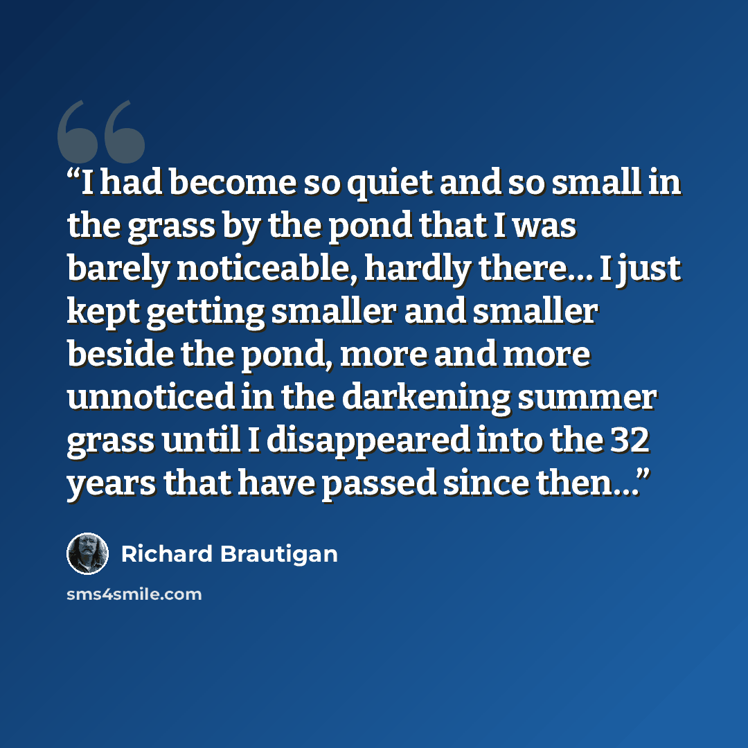 “I had become so quiet and so small in the grass by the pond that I was barely noticeable, hardly there… I just kept getting smaller and smaller beside the pond, more and more unnoticed in the darkening summer grass until I disappeared into the 32 years that have passed since then…” quote by Richard Brautigan