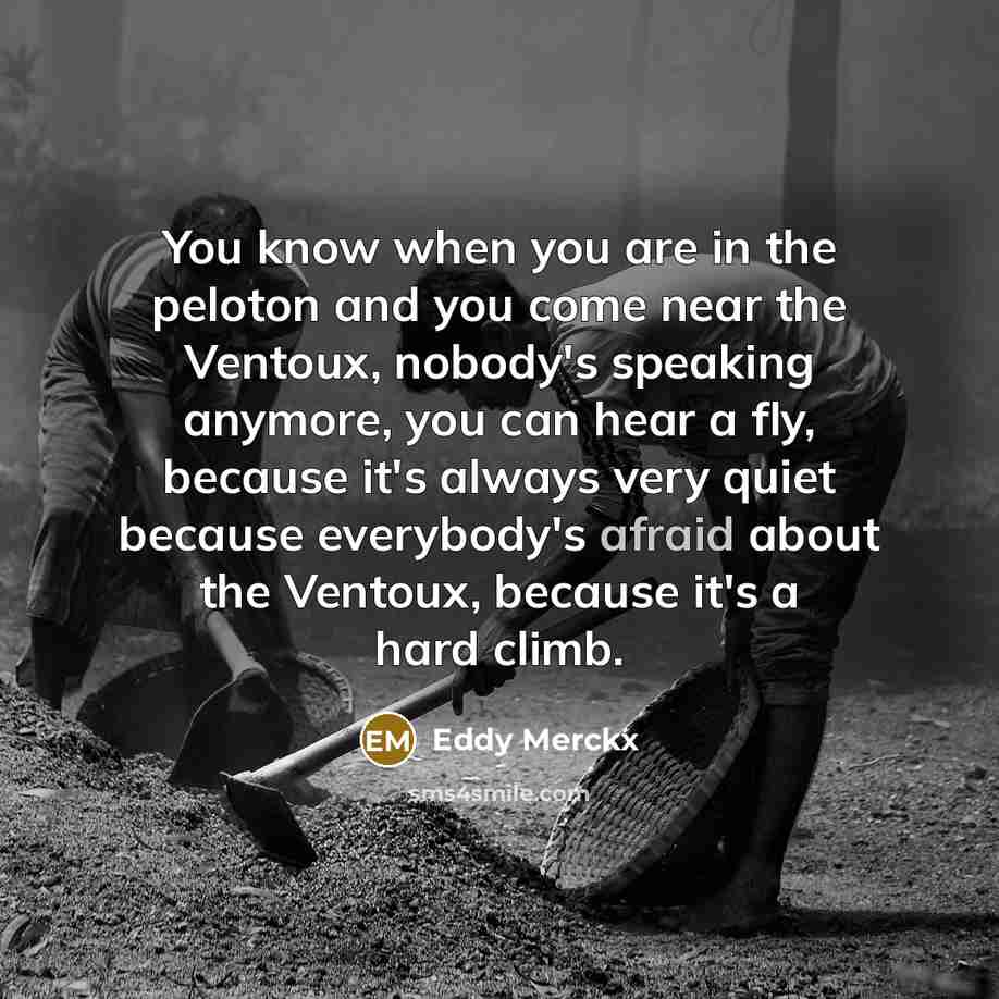 “You know when you are in the peloton and you come near the Ventoux, nobody's speaking anymore, you can hear a fly, because it's always very quiet because everybody's afraid about the Ventoux, because it's a hard climb.” quote by Eddy Merckx