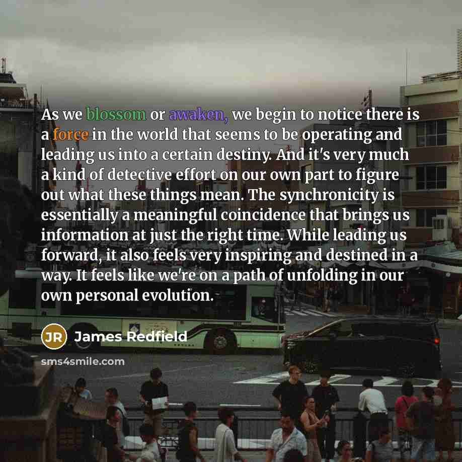 “As we blossom or awaken, we begin to notice there is a force in the world that seems to be operating and leading us into a certain destiny. And it's very much a kind of detective effort on our own part to figure out what these things mean. The synchronicity is essentially a meaningful coincidence…” quote by James Redfield