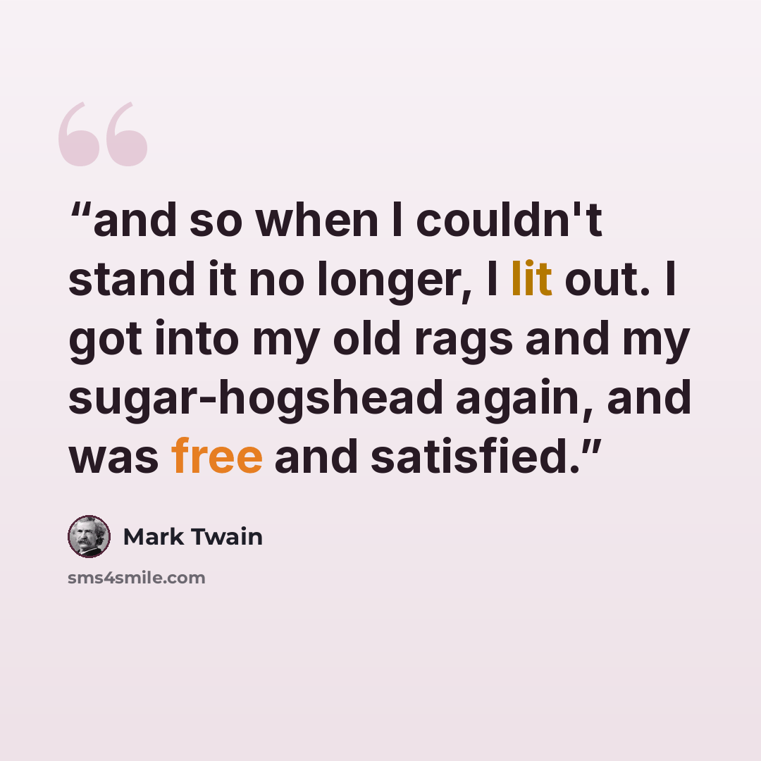 “and so when I couldn't stand it no longer, I lit out. I got into my old rags and my sugar-hogshead again, and was free and satisfied.” quote by Mark Twain