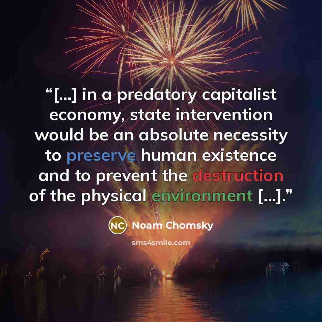 “[...] in a predatory capitalist economy, state intervention would be an absolute necessity to preserve human existence and to prevent the destruction of the physical environment [...].” quote by Noam Chomsky