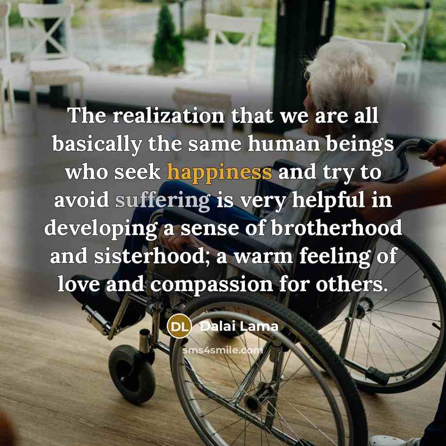 “The realization that we are all basically the same human beings who seek happiness and try to avoid suffering is very helpful in developing a sense of brotherhood and sisterhood; a warm feeling of love and compassion for others.” quote by Dalai Lama