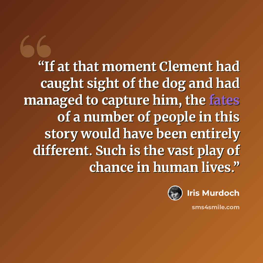 “If at that moment Clement had caught sight of the dog and had managed to capture him, the fates of a number of people in this story would have been entirely different. Such is the vast play of chance in human lives.” quote by Iris Murdoch