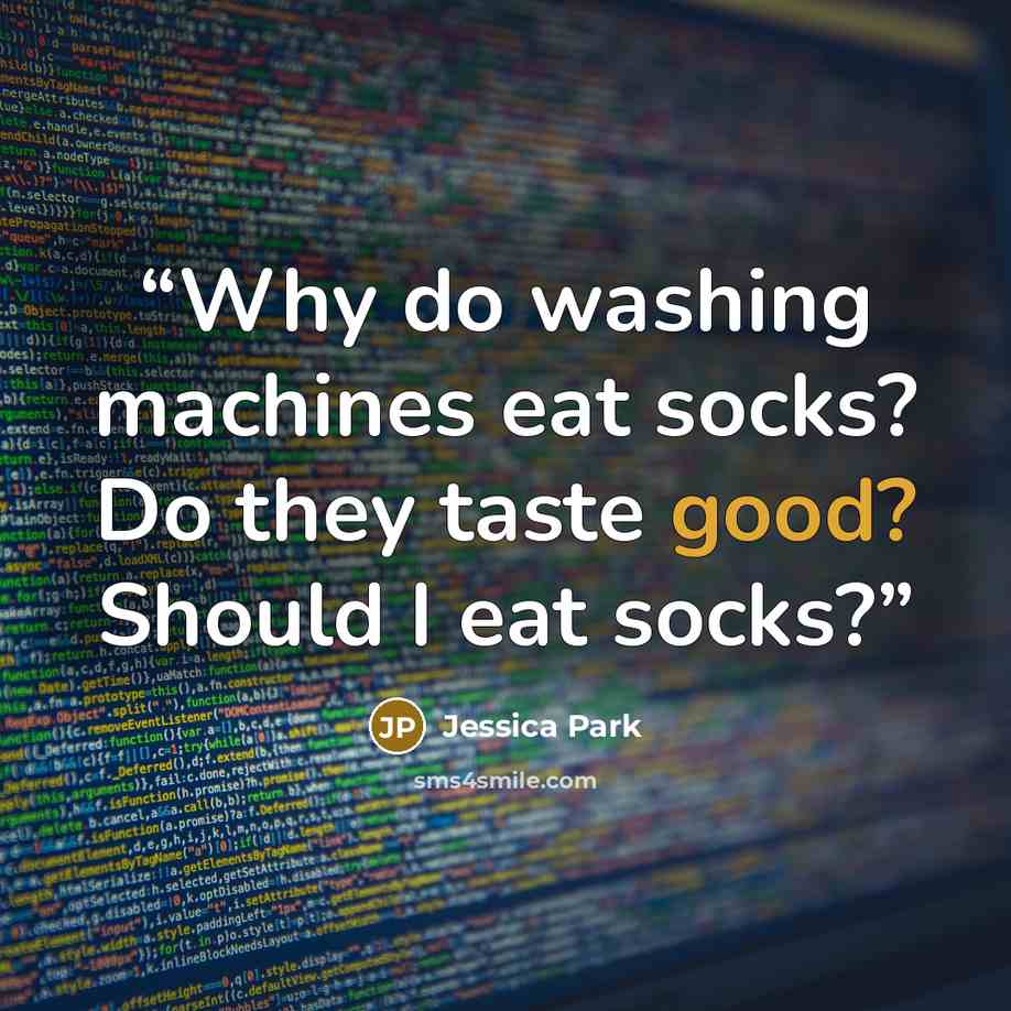 “Why do washing machines eat socks? Do they taste good? Should I eat socks?” quote by Jessica Park