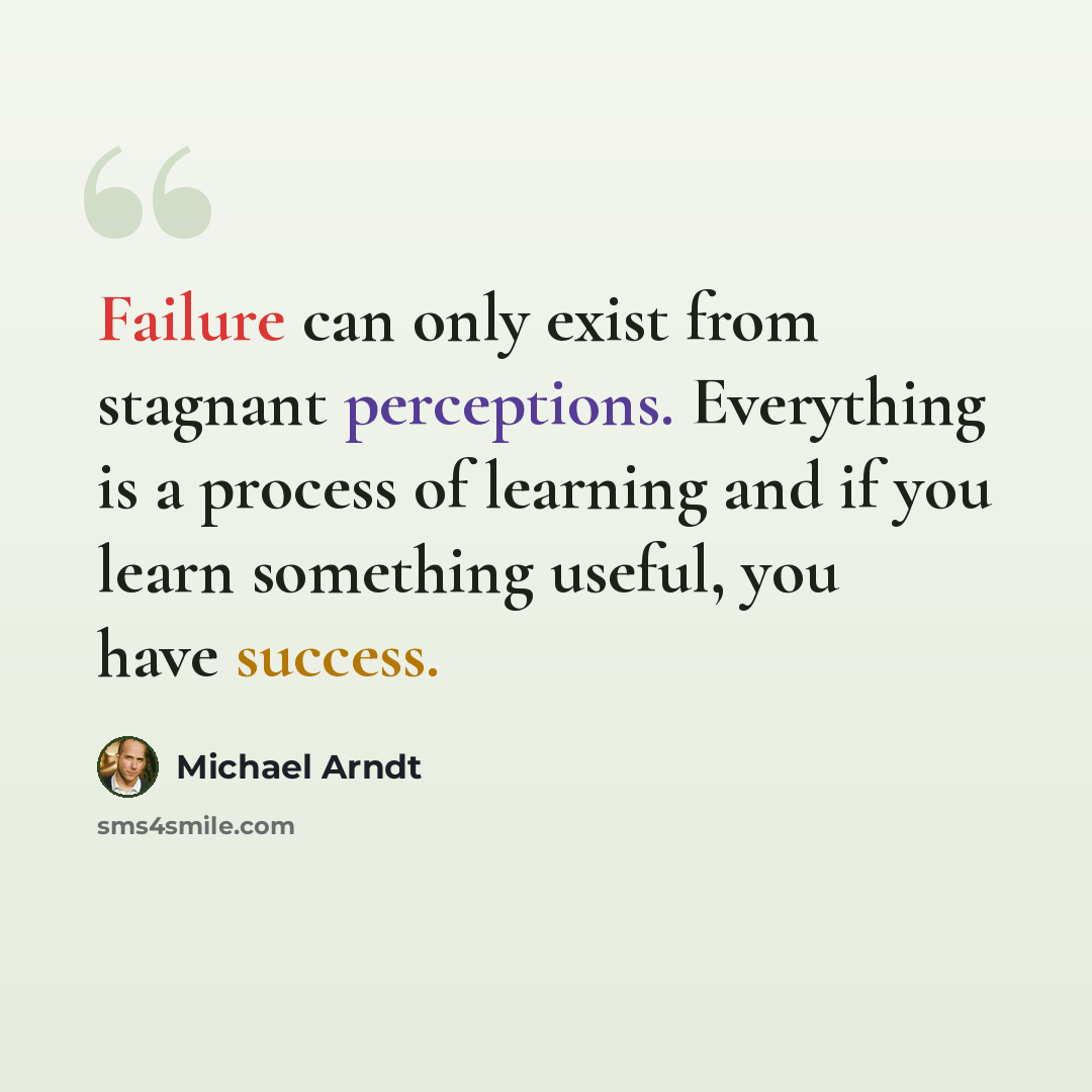 “Failure can only exist from stagnant perceptions. Everything is a process of learning and if you learn something useful, you have success.” quote by Michael Arndt