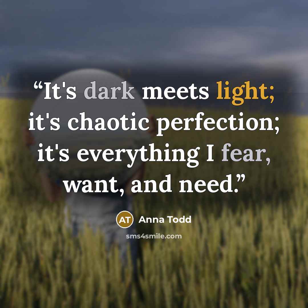 “It's dark meets light; it's chaotic perfection; it's everything I fear, want, and need.” quote by Anna Todd