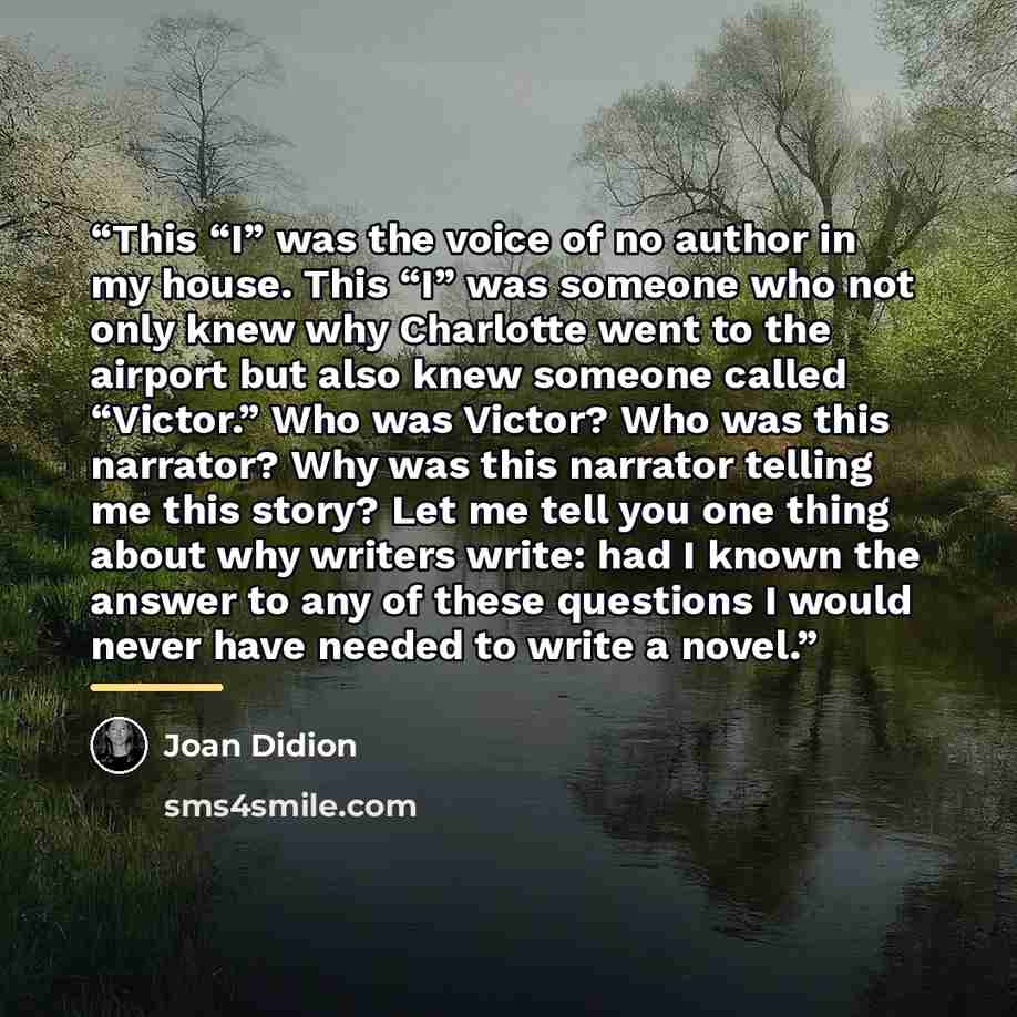 “This “I” was the voice of no author in my house. This “I” was someone who not only knew why Charlotte went to the airport but also knew someone called “Victor.” Who was Victor? Who was this narrator? Why was this narrator telling me this story? Let me tell you one thing about why writers write…” quote by Joan Didion
