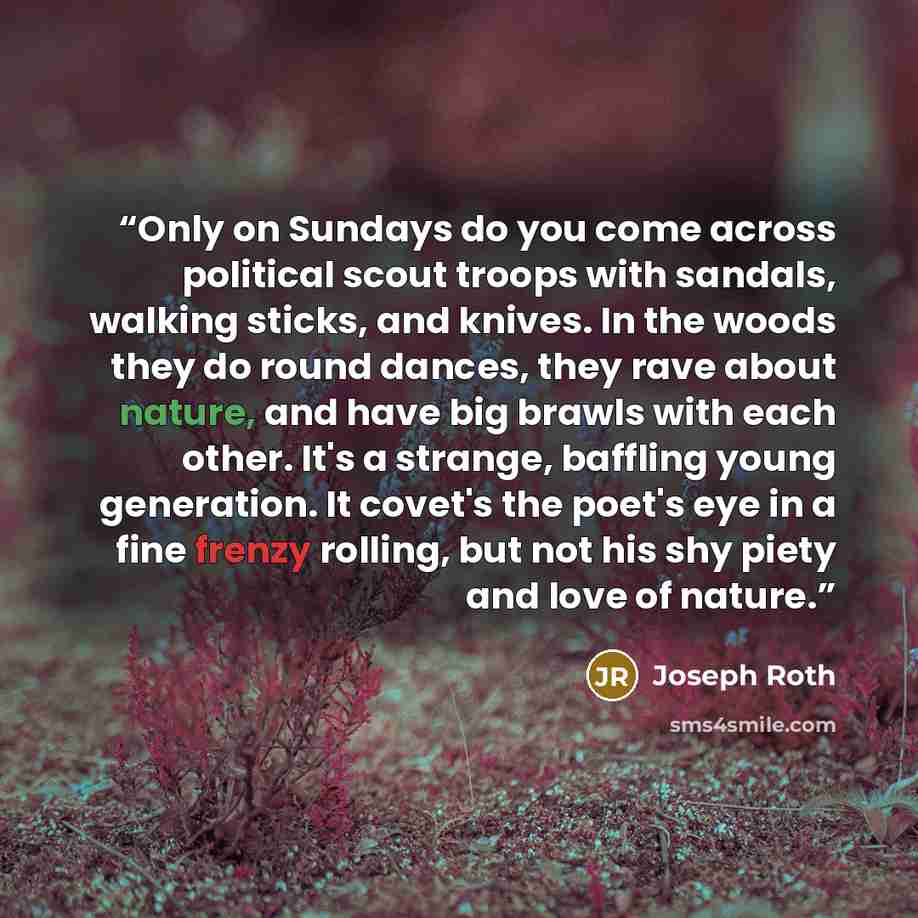 “Only on Sundays do you come across political scout troops with sandals, walking sticks, and knives. In the woods they do round dances, they rave about nature, and have big brawls with each other. It's a strange, baffling young generation. It covet's the poet's eye in a fine frenzy rolling, but not…” quote by Joseph Roth