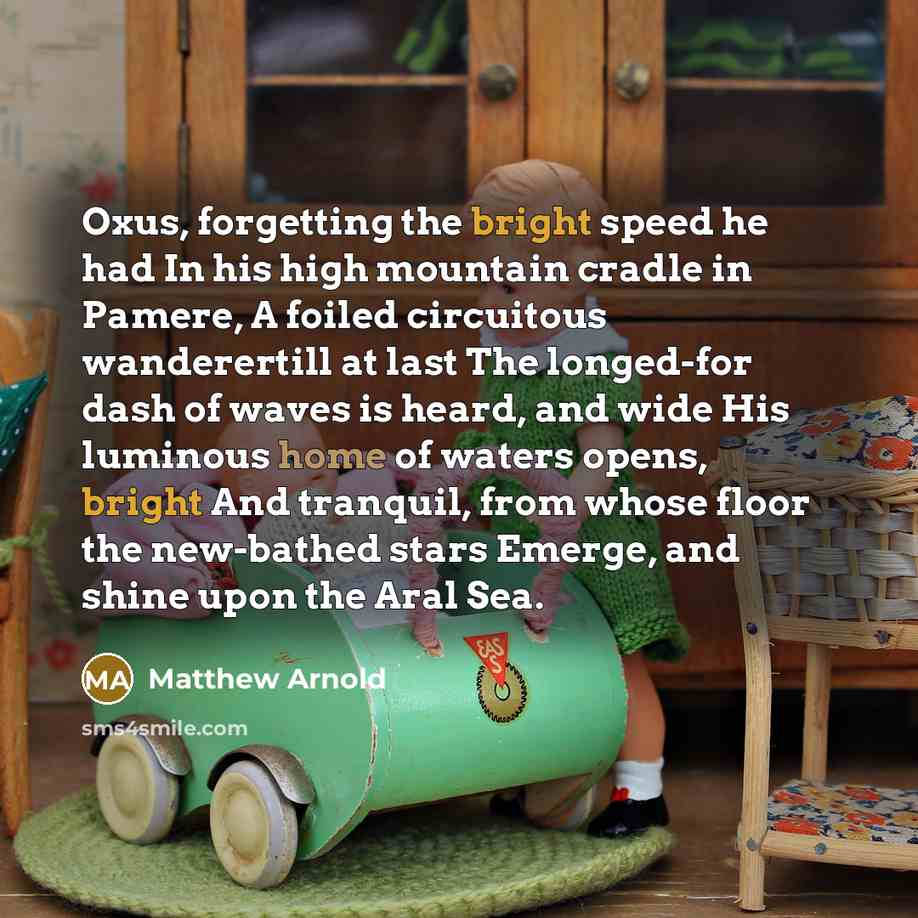 “Oxus, forgetting the bright speed he had In his high mountain cradle in Pamere, A foiled circuitous wanderertill at last The longed-for dash of waves is heard, and wide His luminous home of waters opens, bright And tranquil, from whose floor the new-bathed stars Emerge, and shine upon the Aral Sea.” quote by Matthew Arnold