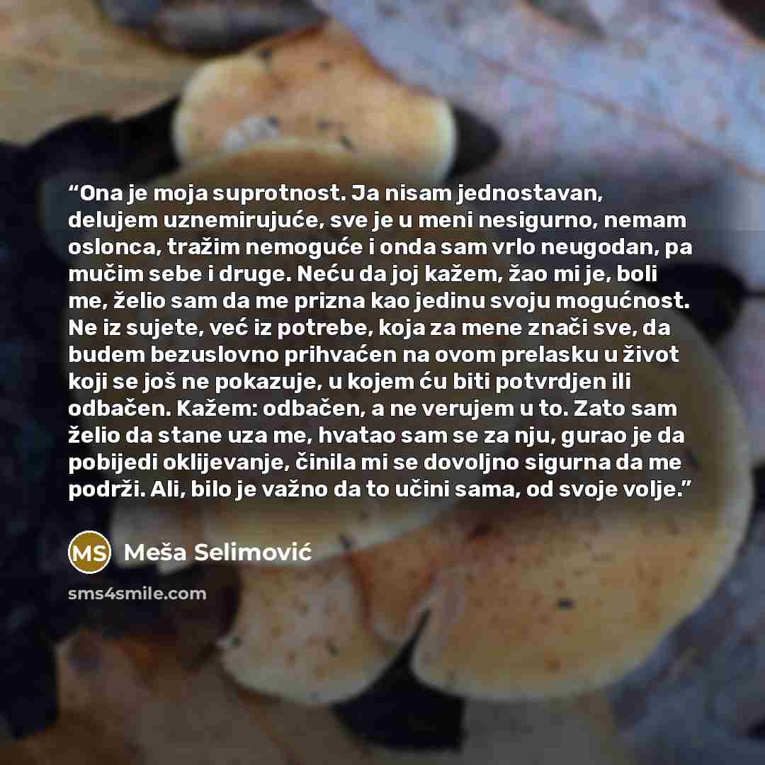 “Ona je moja suprotnost. Ja nisam jednostavan, delujem uznemirujuće, sve je u meni nesigurno, nemam oslonca, tražim nemoguće i onda sam vrlo neugodan, pa mučim sebe i druge. Neću da joj kažem, žao mi je, boli me, želio sam da me prizna kao jedinu svoju mogućnost. Ne iz sujete, već iz potrebe, koja…” quote by Meša Selimović